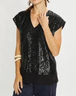 Clearance Lauren Vidal Top Canyon à sequins noir