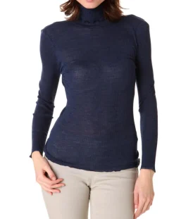 Femme Mare Top col roule laine et soie bleu
