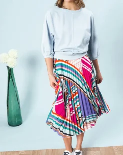 Femme Caroll Top fluide unie Lina avec surpiqûres bleu ciel