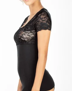 New Mare Top manches courtes en Laine mélangée dentelle noir