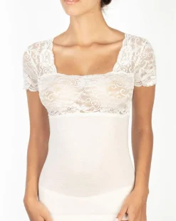 Hot Mare Top manches courtes en Laine mélangée dentelle ivoire