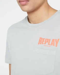 Online Replay T-Shirt 100% Coton Bio pocket logo up gris clair