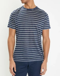 Outlet Hackett London T-Shirt 100% Lin Regular Fit Marinière bleu/blanc
