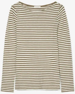New Marc O'Polo T-Shirt Col Bateau Coton bio flammé rayé marron/écru