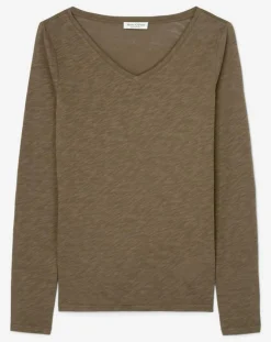Femme Marc O'Polo T-Shirt Col V en Coton flammé kaki