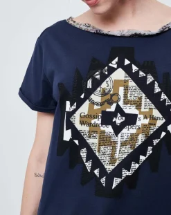 Outlet John Galliano T-Shirt imprimé avec nœud au dos bleu marine/multicolore