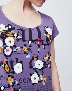 John Galliano T-Shirt imprimé Gazette avec broderies et perles violet/multicolore