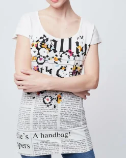 Femme John Galliano T-Shirt imprimé Gazette et fleurs blanc cassé/multicolore