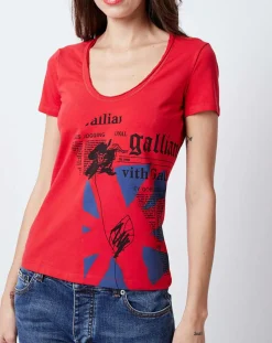Femme John Galliano T-Shirt imprimé rouge/bleu/noir