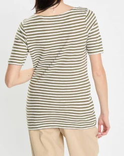 Femme Marc O'Polo T-Shirt manches courtes Rayé Flame blanc/kaki