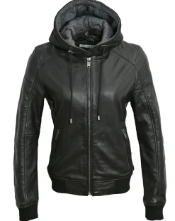 Femme Blue Wellford Veste à capuche en Cuir Noa noire