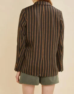 Femme Chloé Stora Veste blazer en Lin mélangé Valeria rayée kaki