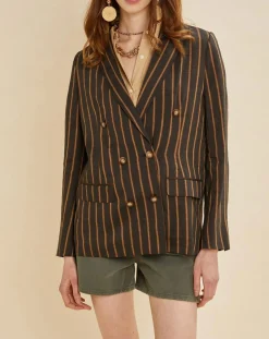 Femme Chloé Stora Veste blazer en Lin mélangé Valeria rayée kaki