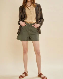 Femme Chloé Stora Veste blazer en Lin mélangé Valeria rayée kaki