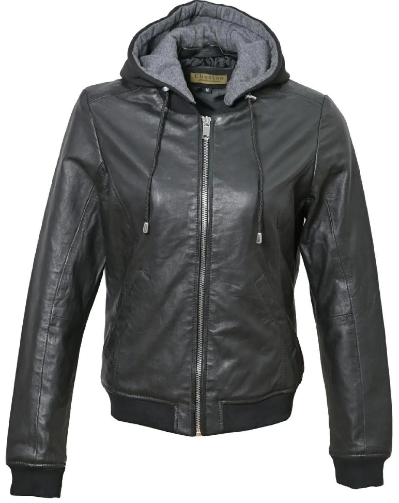 Femme Chyston Veste en Cuir à capuche Cornelia noire