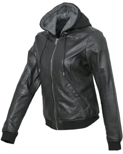 Femme Chyston Veste en Cuir à capuche Cornelia noire