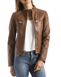 Femme Blue Wellford Veste en Cuir Madeira cognac
