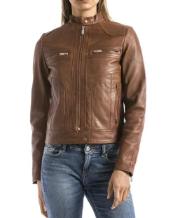 Femme Blue Wellford Veste en Cuir Madeira cognac