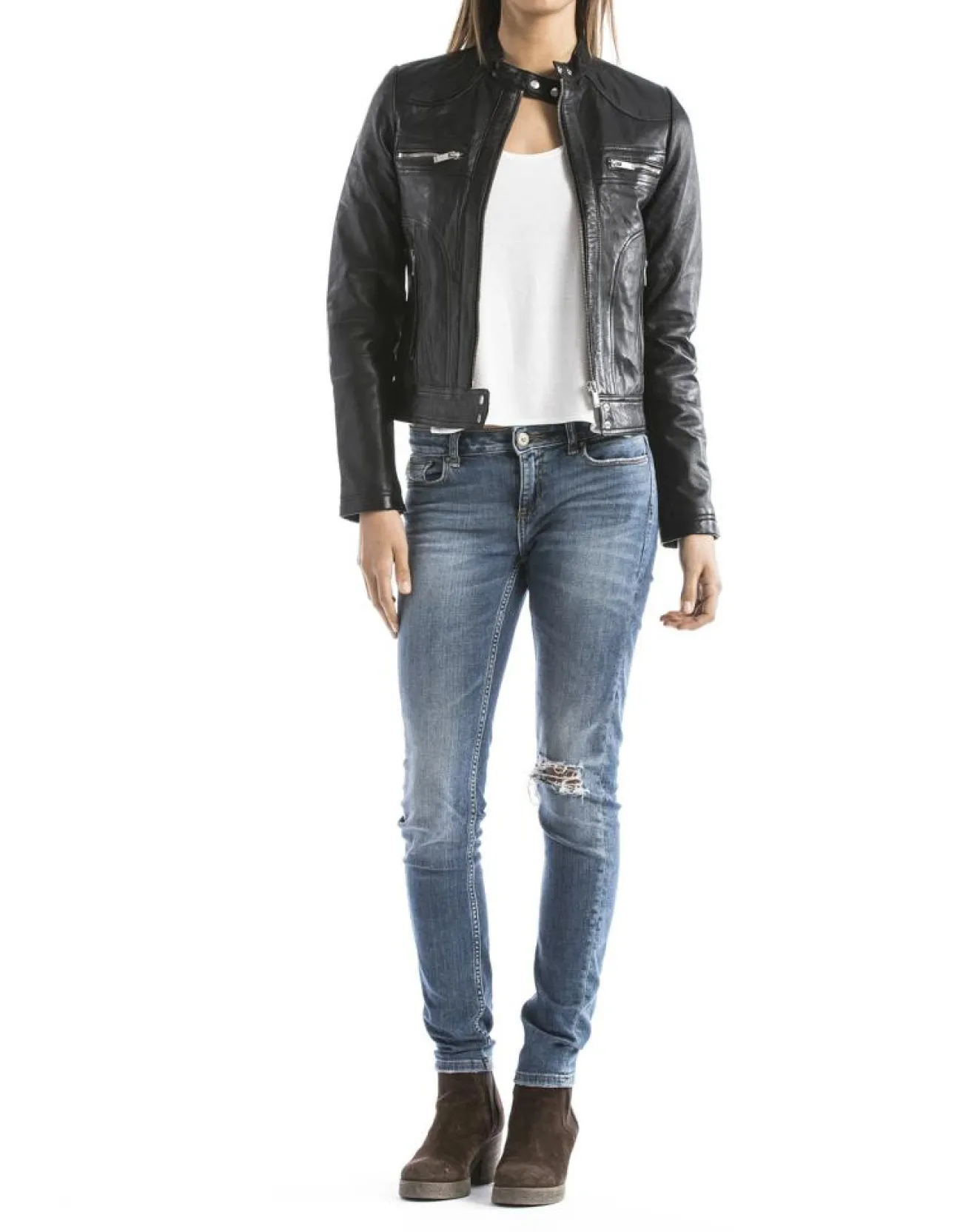 Femme Blue Wellford Veste en Cuir Madeira noire