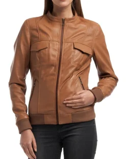 Femme Chyston Veste en Cuir Olive cognac