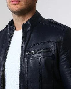Homme Chyston Veste en Cuir Pat bleu marine