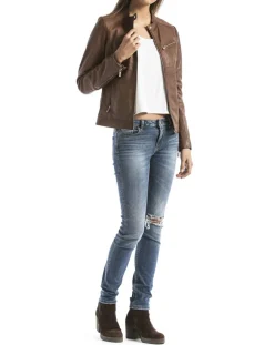 Femme Blue Wellford Veste en Cuir Pearl cognac