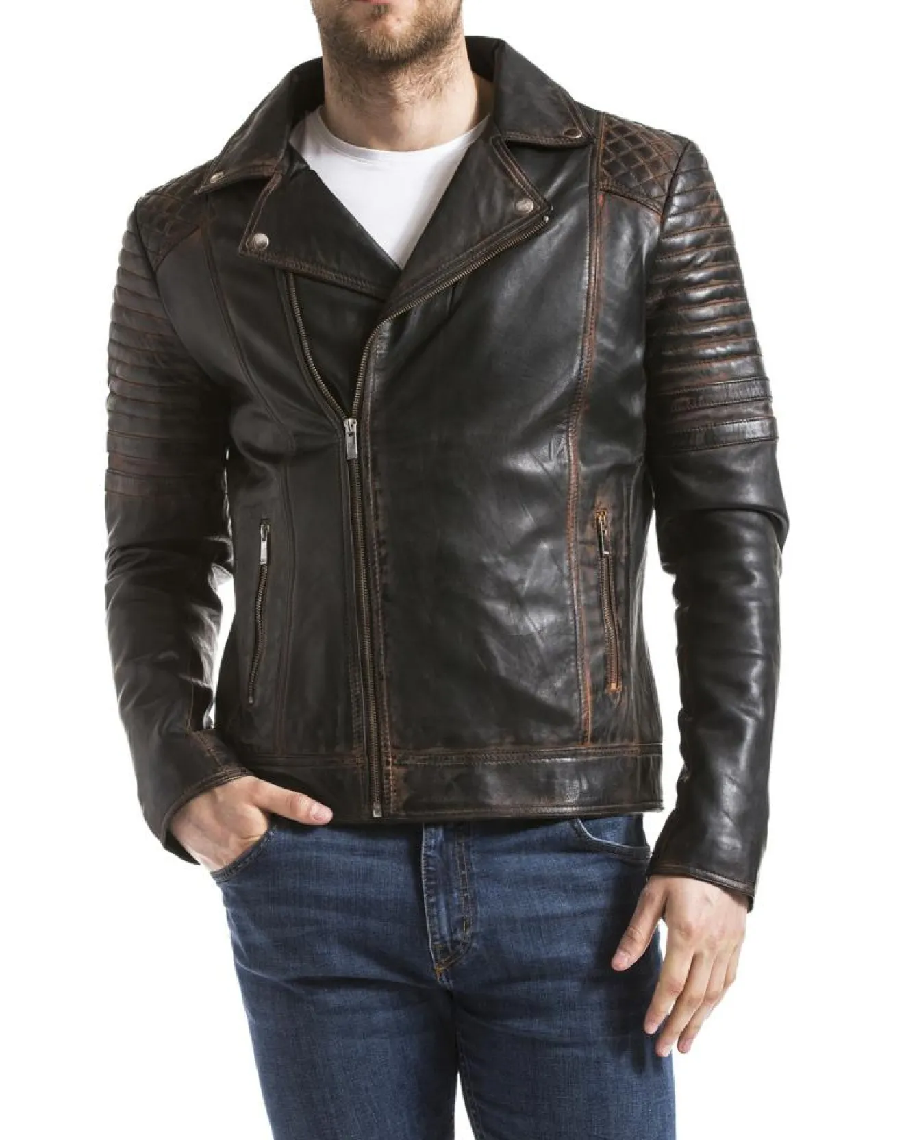 Homme Blue Wellford Veste en Cuir Varus marron vintage