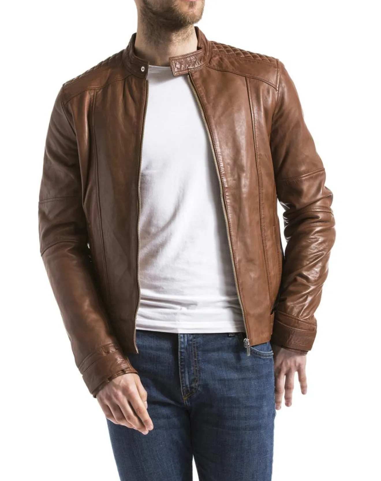 Homme Blue Wellford Veste en Cuir Yangtze cognac