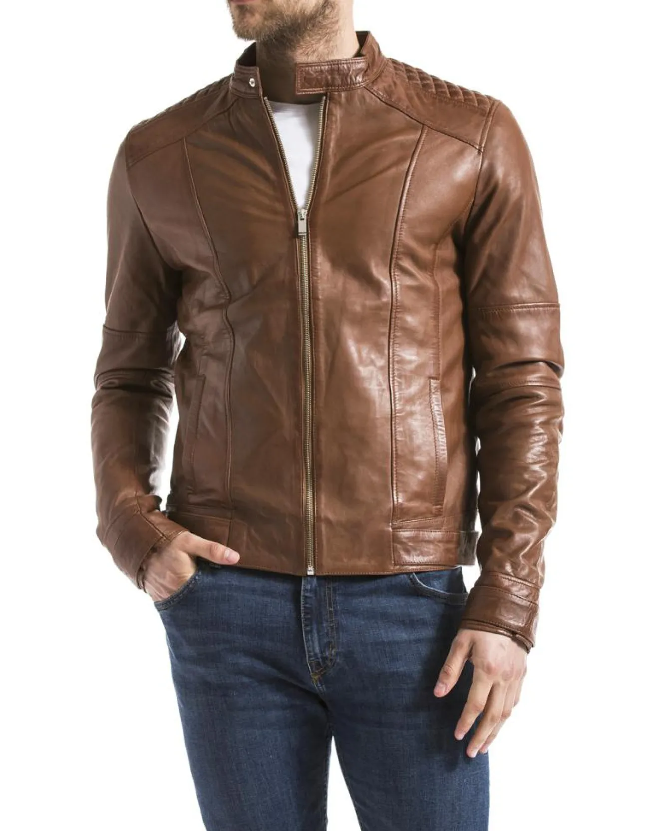 Homme Blue Wellford Veste en Cuir Yangtze cognac