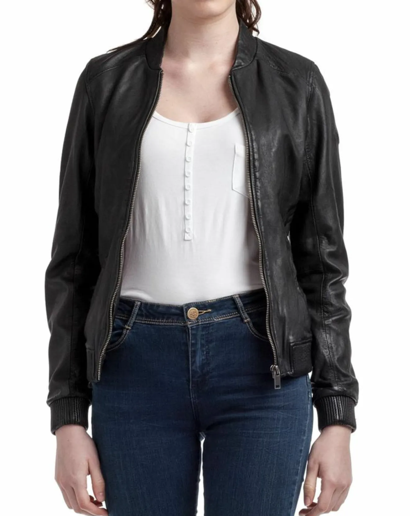 Femme Blue Wellford Veste en Cuir Zuri noire