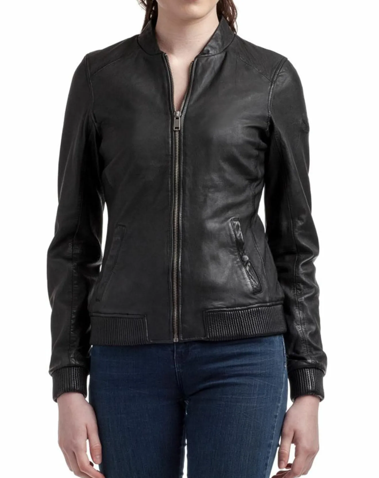 Femme Blue Wellford Veste en Cuir Zuri noire