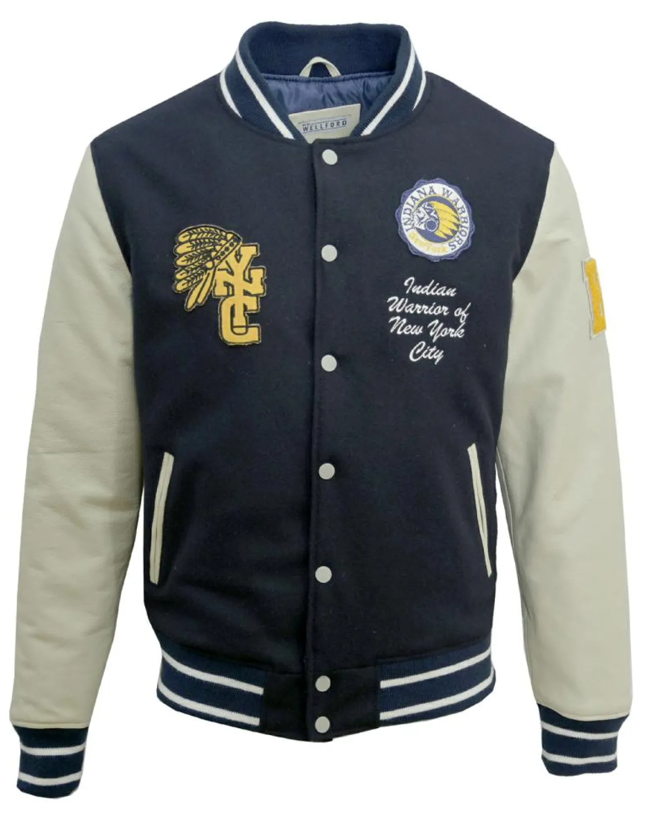 New Blue Wellford Veste Teddy en Laine & Cuir Martin marine/écru