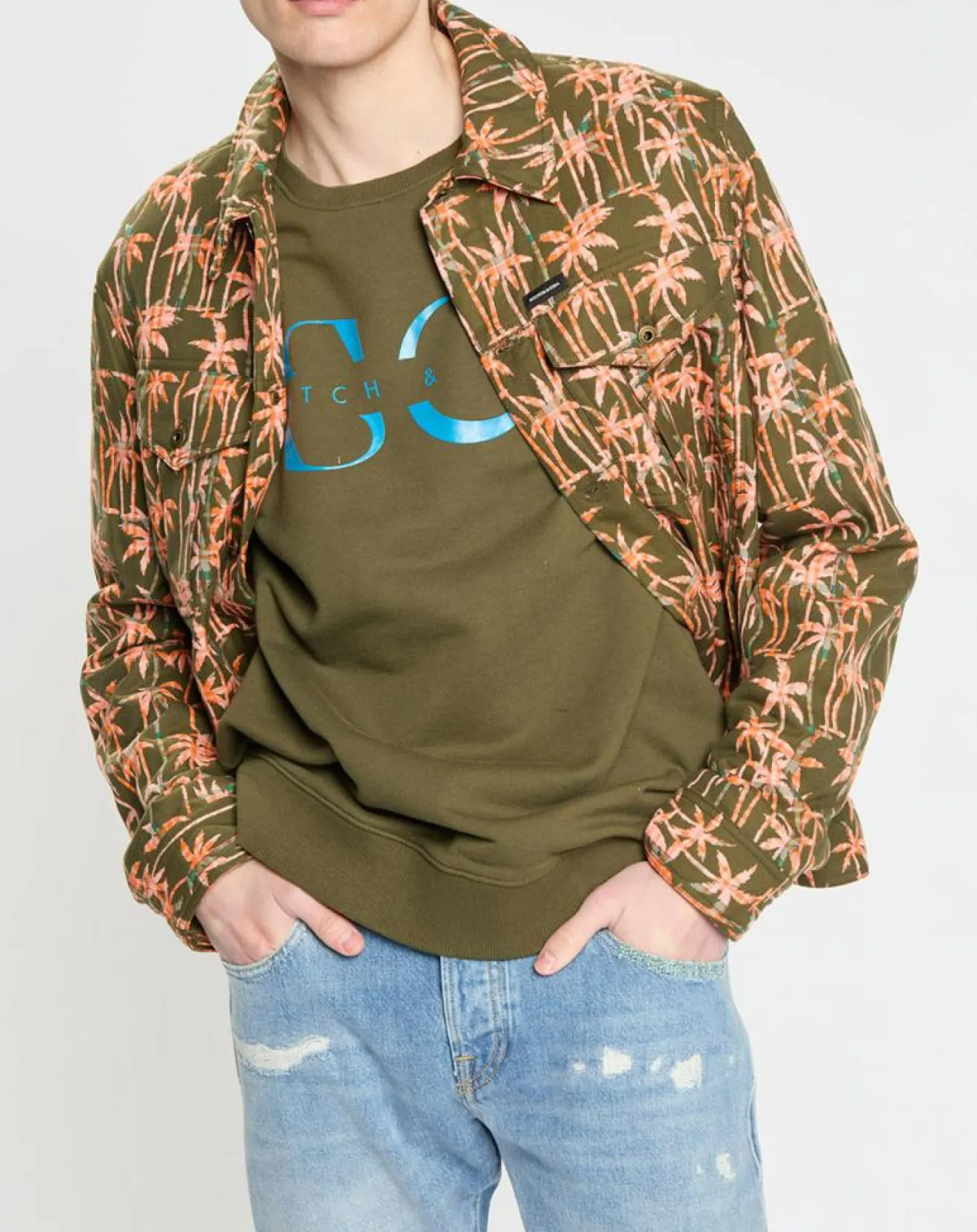 Scotch & Soda Veste Trucker imprimée kaki/orange